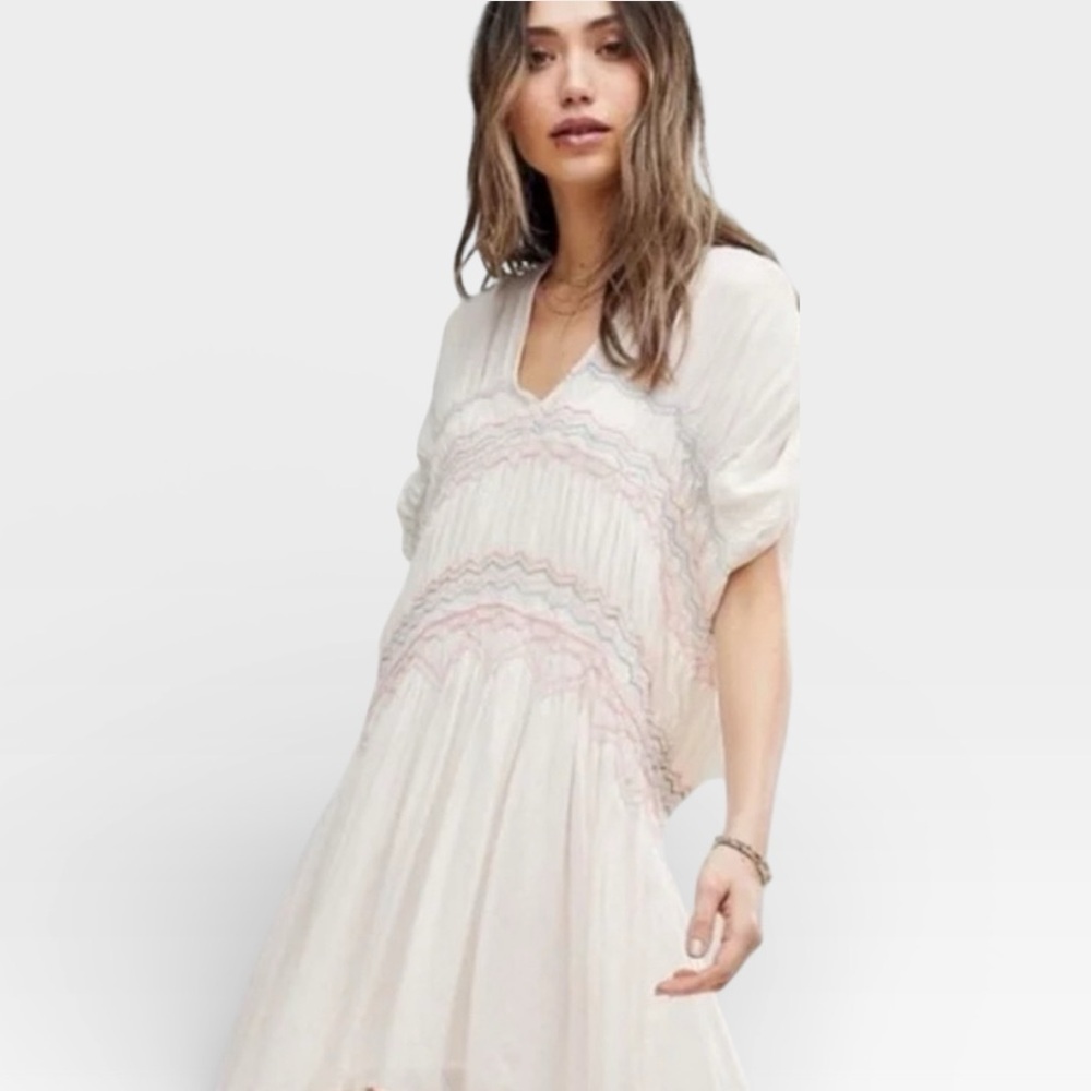 Free People Cream Mini Dress with Pastel Embroidery